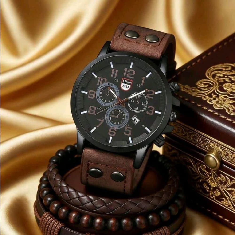 SET DE RELOJ EN CUERO PU MARRON CON PULSERAS
