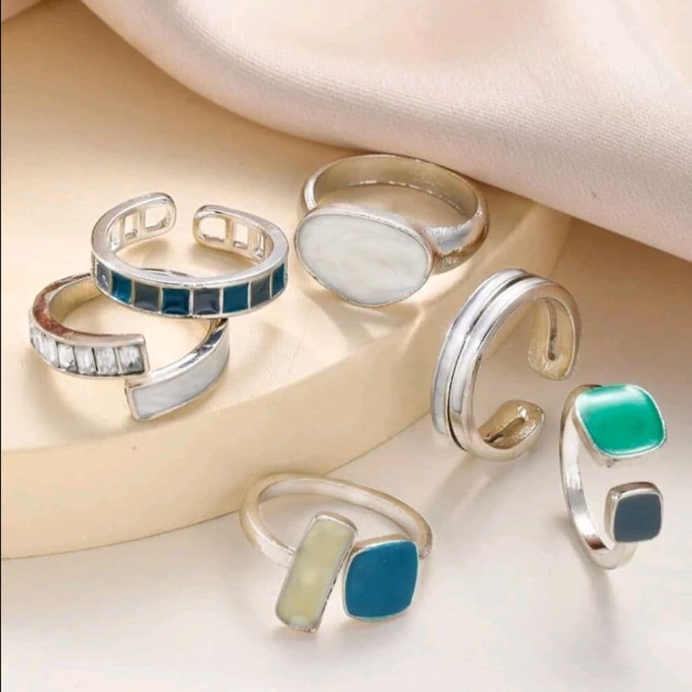 SET DE 6 ANILLOS VERDE Y PLATA