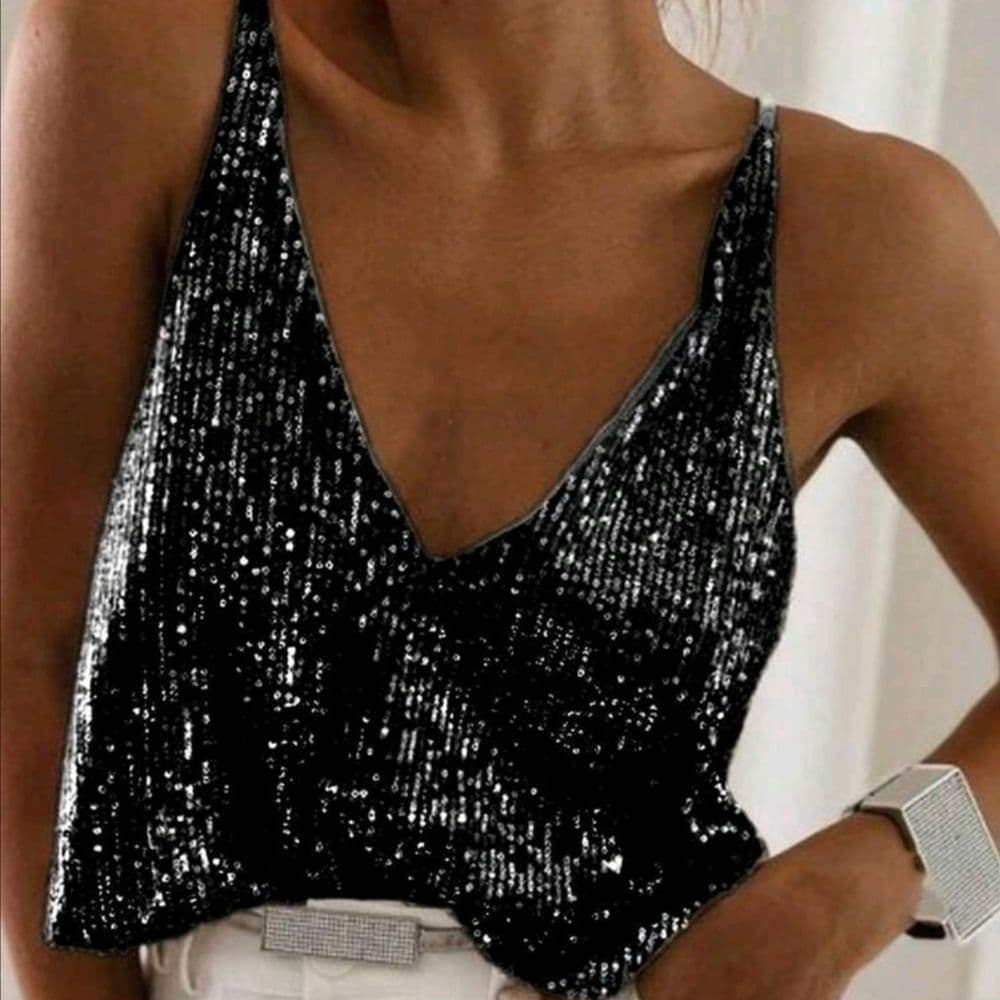 BLUSA DE TIRANTES CON CUELLO V Y LENTEJUELAS TALLES L Y XL