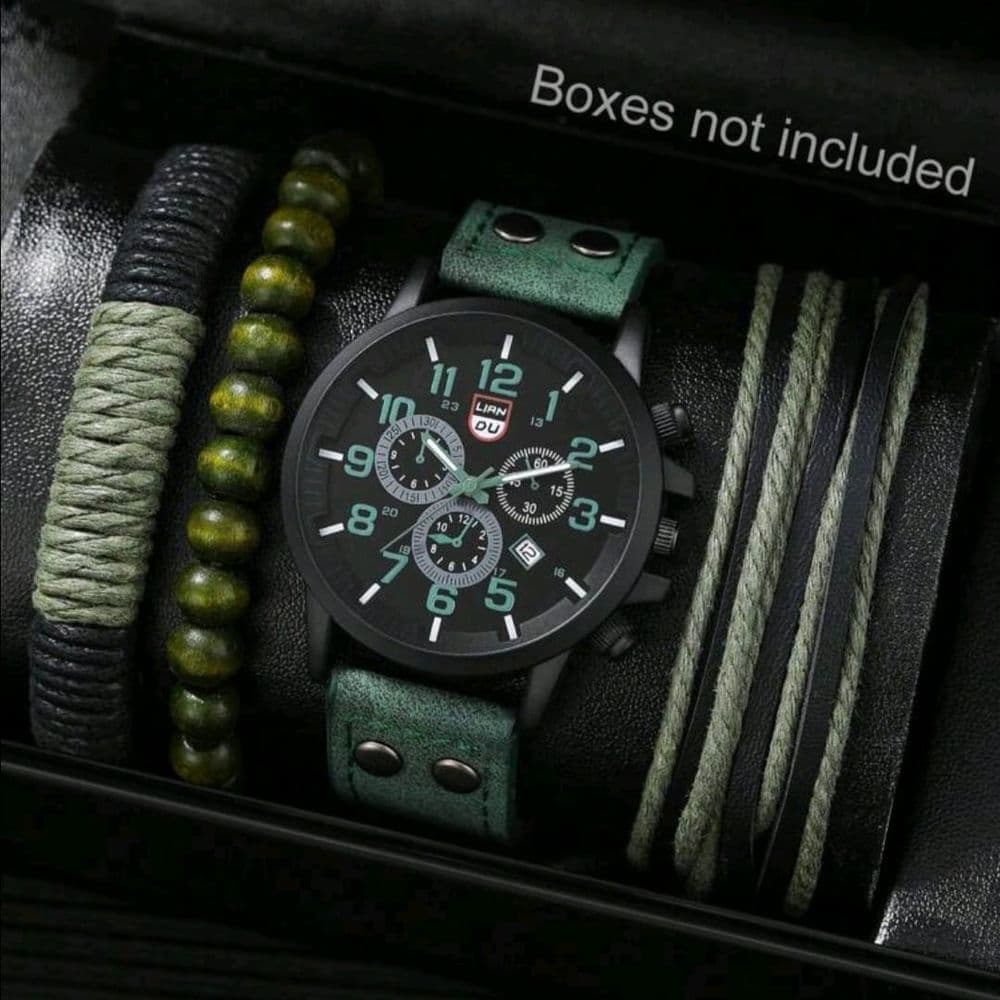 SET DE ROLOJ DE CUERO PU VERDE CON PULSERAS