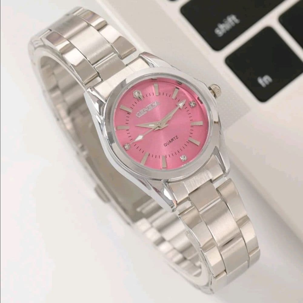 RELOJ GENEVA ACERO INOX PLATEADO FONDO ROSA