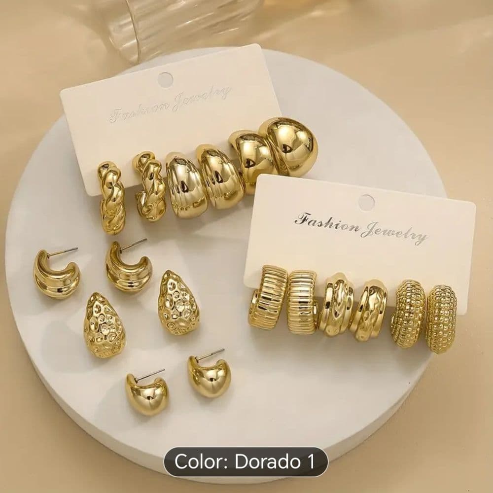 Set de 9 pares de aros dorados
