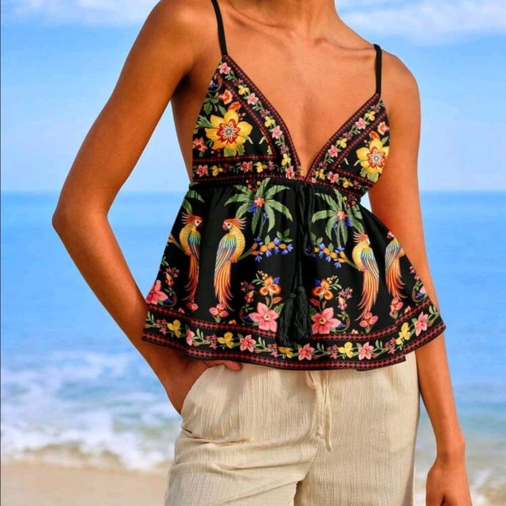 BLUSA DE TIRANTES NEGRO CON ESTAMPADO TALLE M