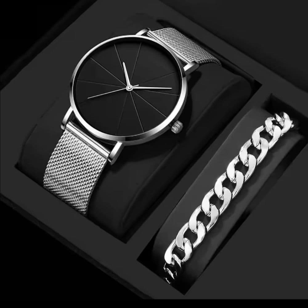 SET DE RELOJ PLATEADO Y NEGRO