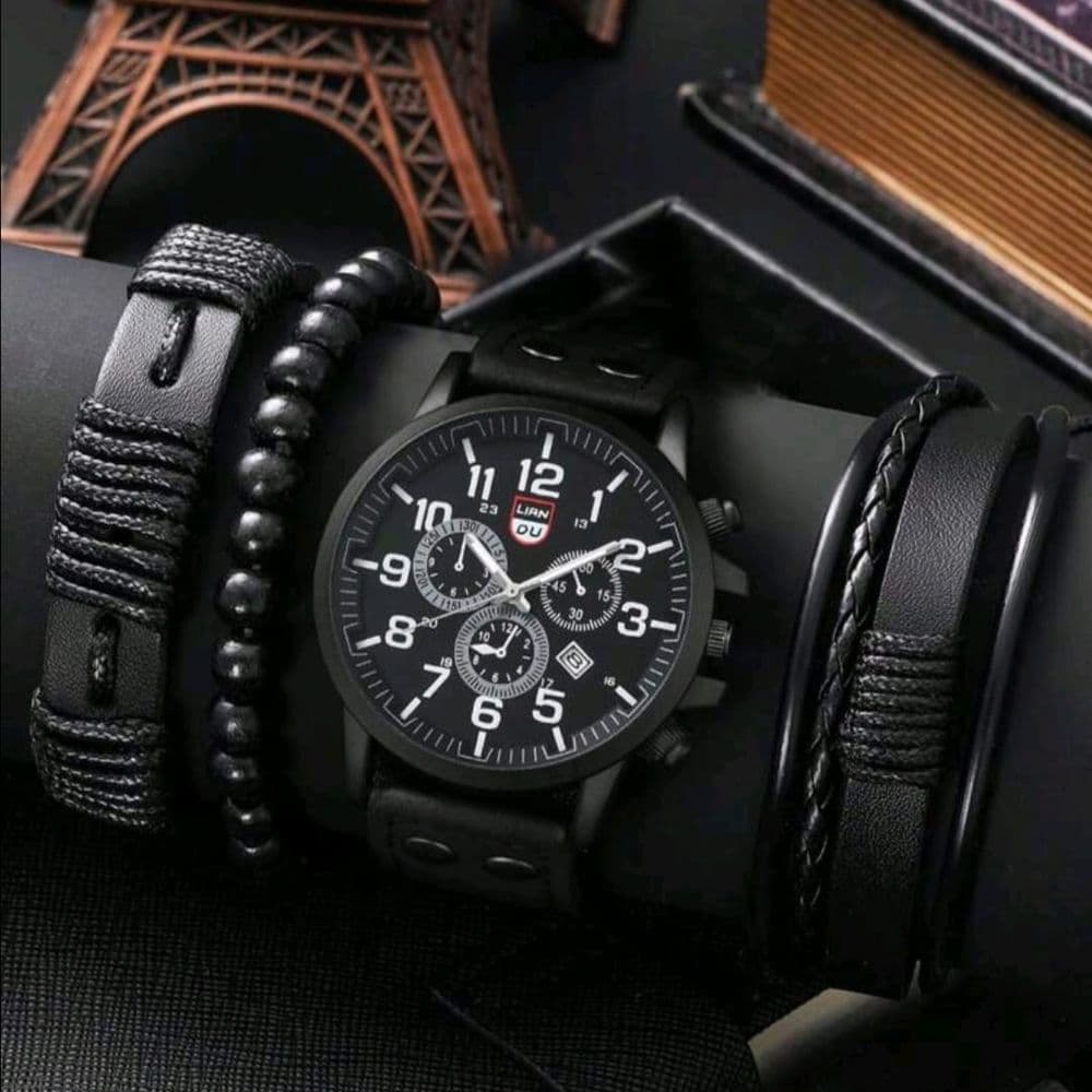 SET DE RELOJ EN CUERO PU NEGRO CON PULSERAS