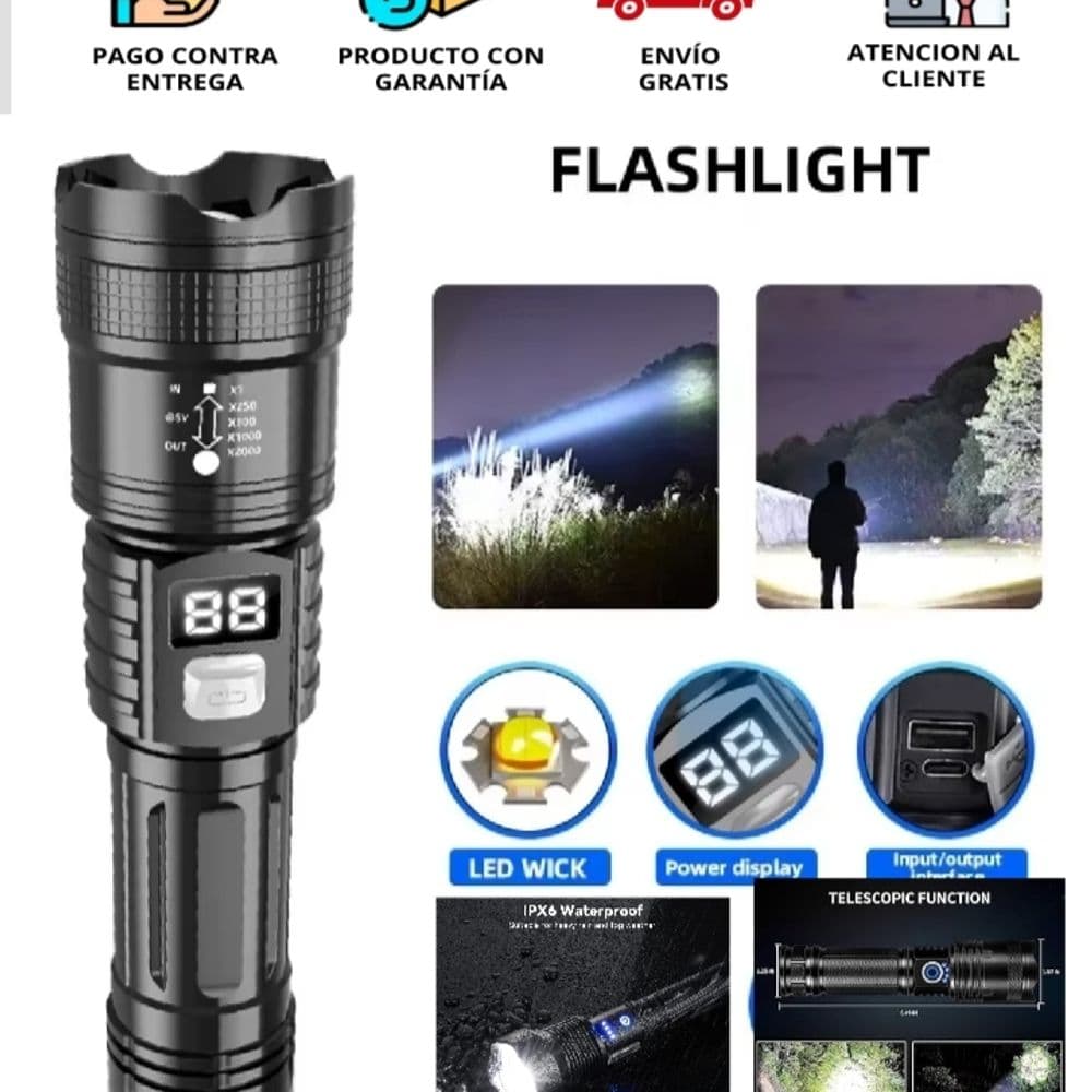 Linterna LED Recargable de Alta Potencia con Zoom