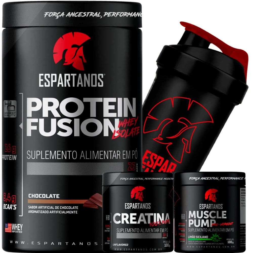 Whey Fusion 900g + Creatina 100g + Pré-treino 100g + Shaker