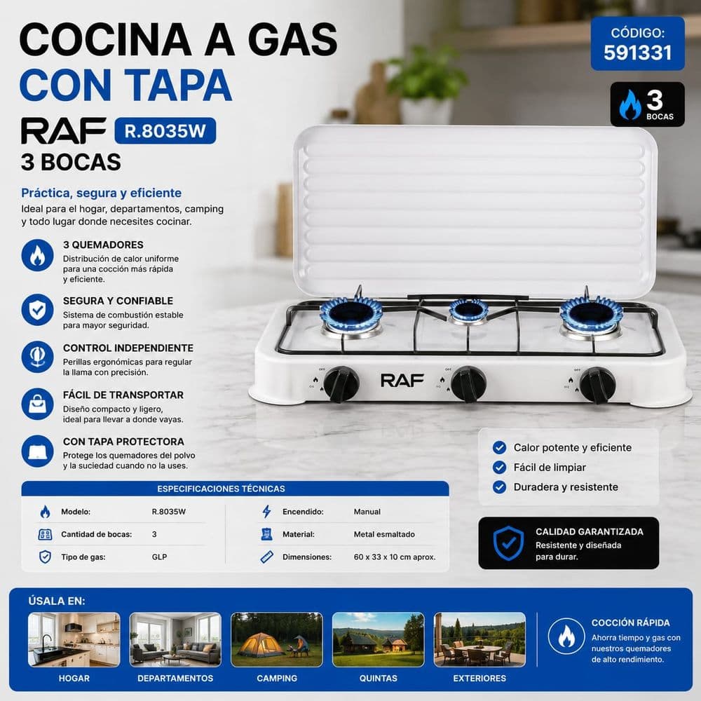 Cocina a Gas con Tapa RAF R.8035W de 3 Bocas 💥