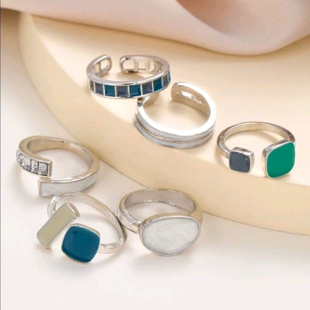 SET DE 6 ANILLOS VERDE Y PLATA