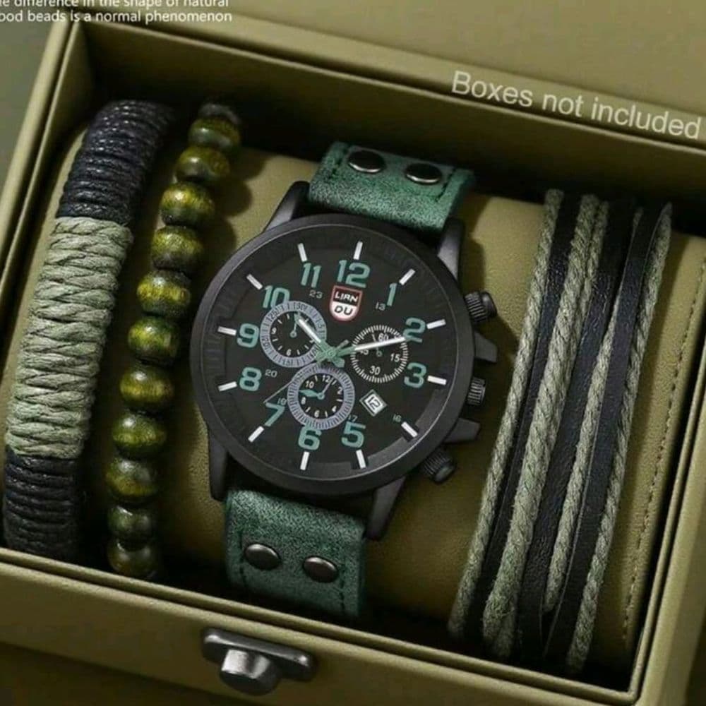 SET DE ROLOJ DE CUERO PU VERDE CON PULSERAS