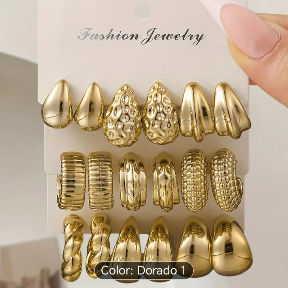 Set de 9 pares de aros dorados