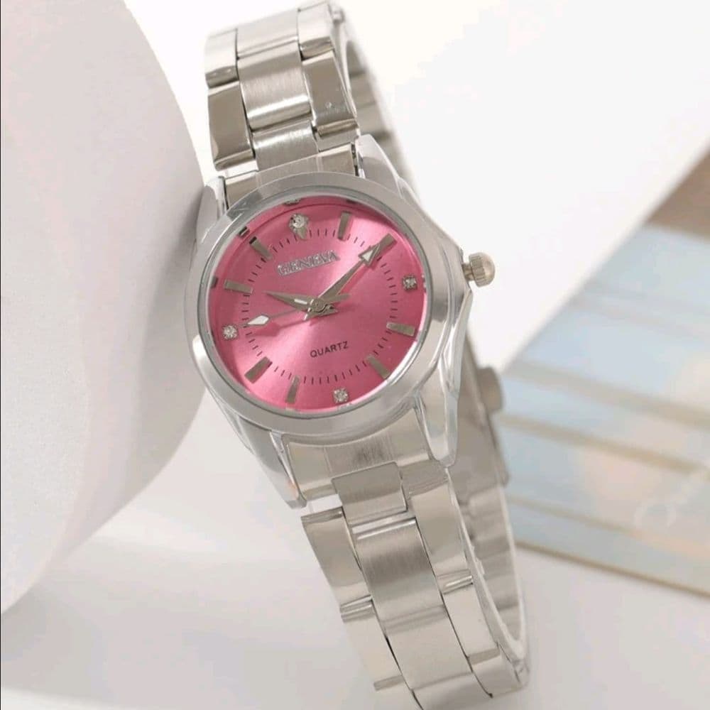 RELOJ GENEVA ACERO INOX PLATEADO FONDO ROSA
