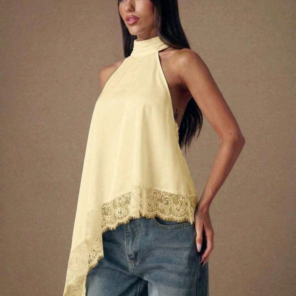 BLUSA ASIMETRICA DE SATEN Y ENCAJE TALLE P