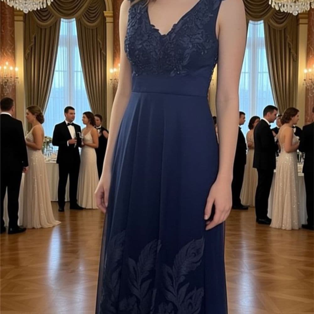 Vestido tull bordado con strass azul marino