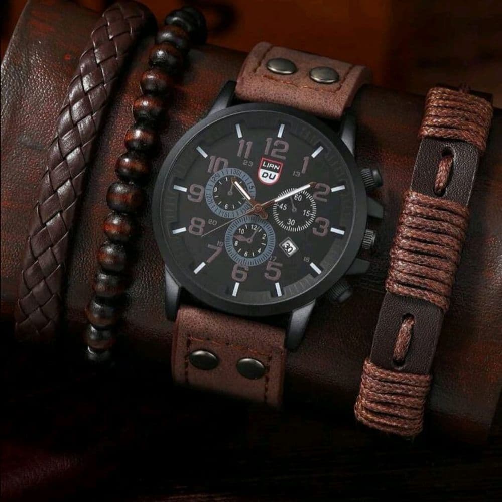 SET DE RELOJ EN CUERO PU MARRON CON PULSERAS