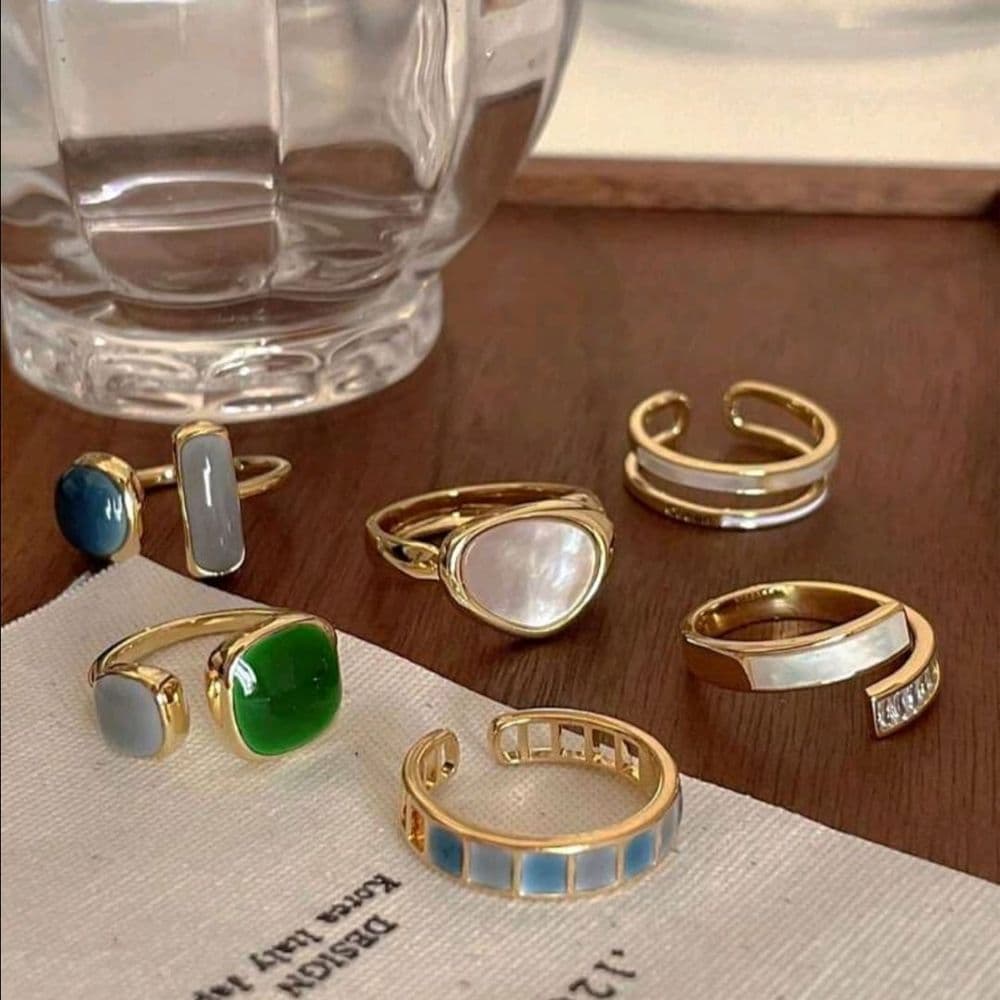 SET DE 6 ANILLOS VERDE Y PLATA