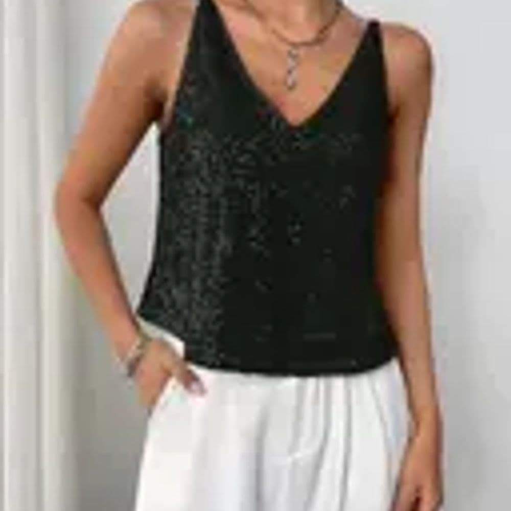 BLUSA DE TIRANTES CON CUELLO V Y LENTEJUELAS TALLES L Y XL