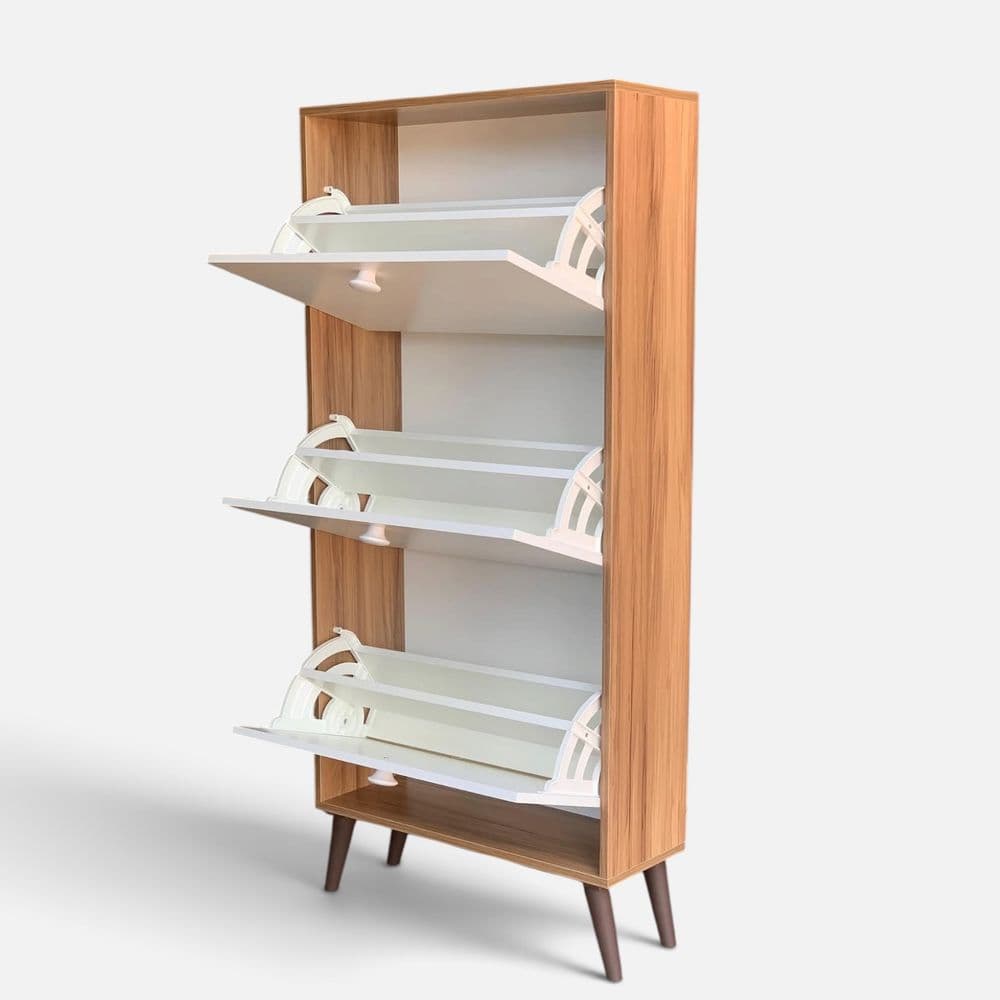 Zapatero Organizador 3 Puertas Basculantes – Blanco y MDF Nogueira Boreal