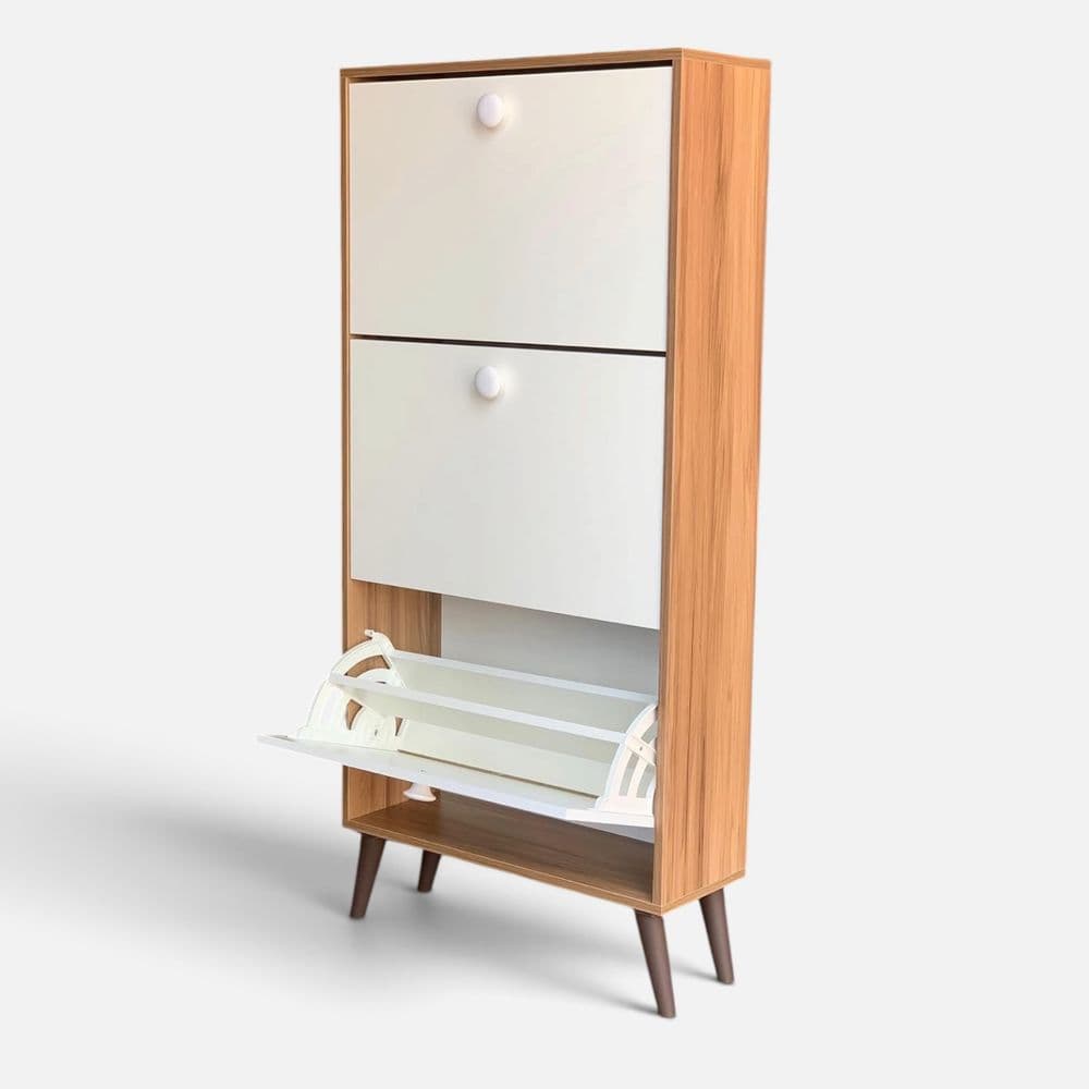 Zapatero Organizador 3 Puertas Basculantes – Blanco y MDF Nogueira Boreal
