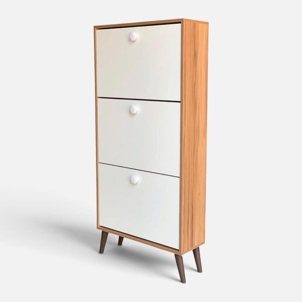 Zapatero Organizador 3 Puertas Basculantes – Blanco y MDF Nogueira Boreal