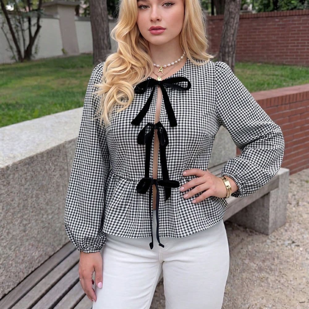 Blusa Cuadros Vichy con Moños talla M