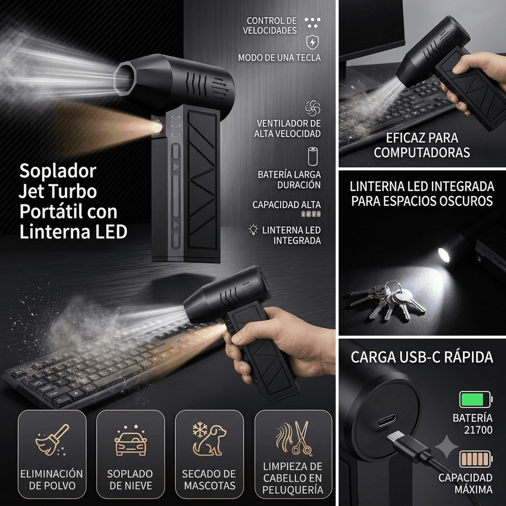 Soplador Jet Turbo Portátil con Linterna LED