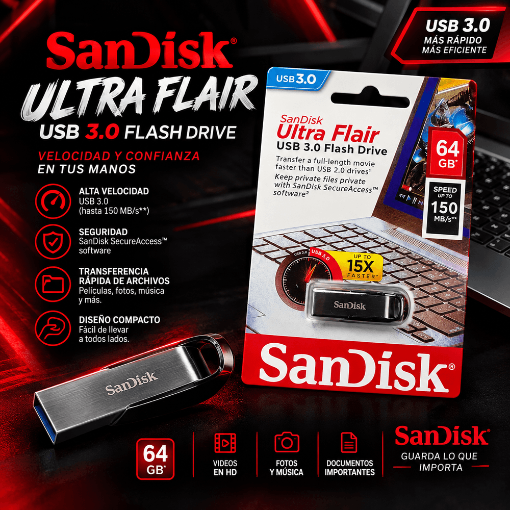 Pen Drive SAN DISK ULTRA FLAIR 64GB — USB 3.0