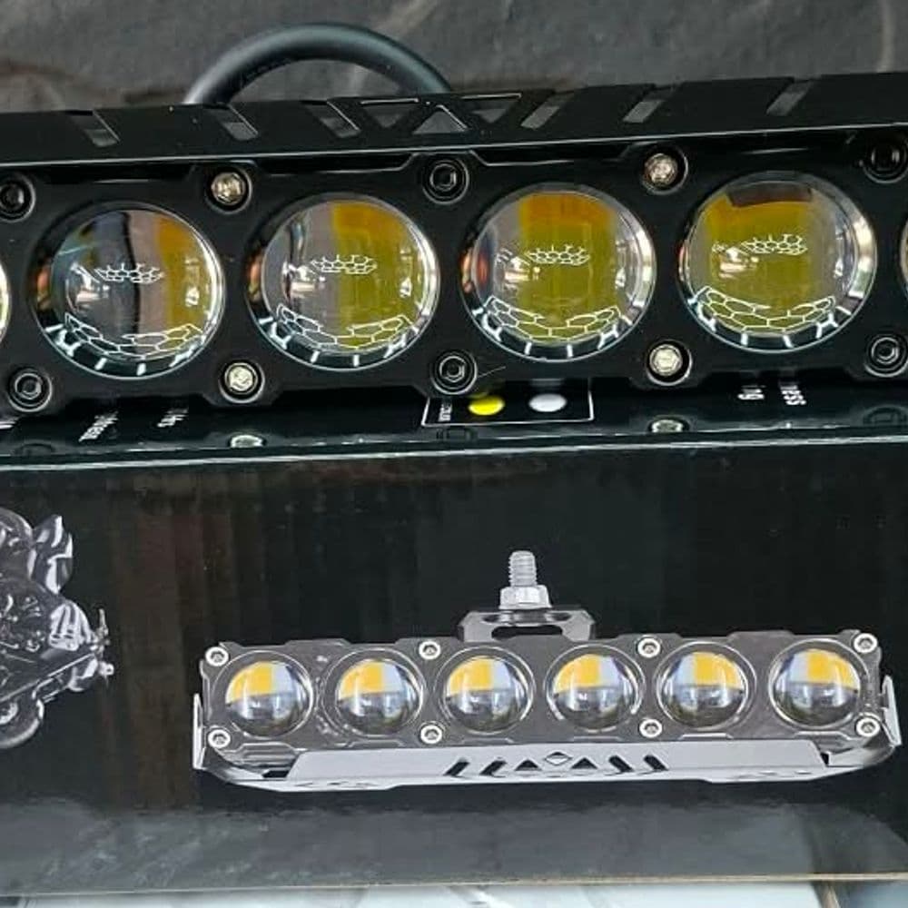 Barra LED de 6 LUPAS, luz baja amarillo + luz alta blanco + fijo y flash combinado.