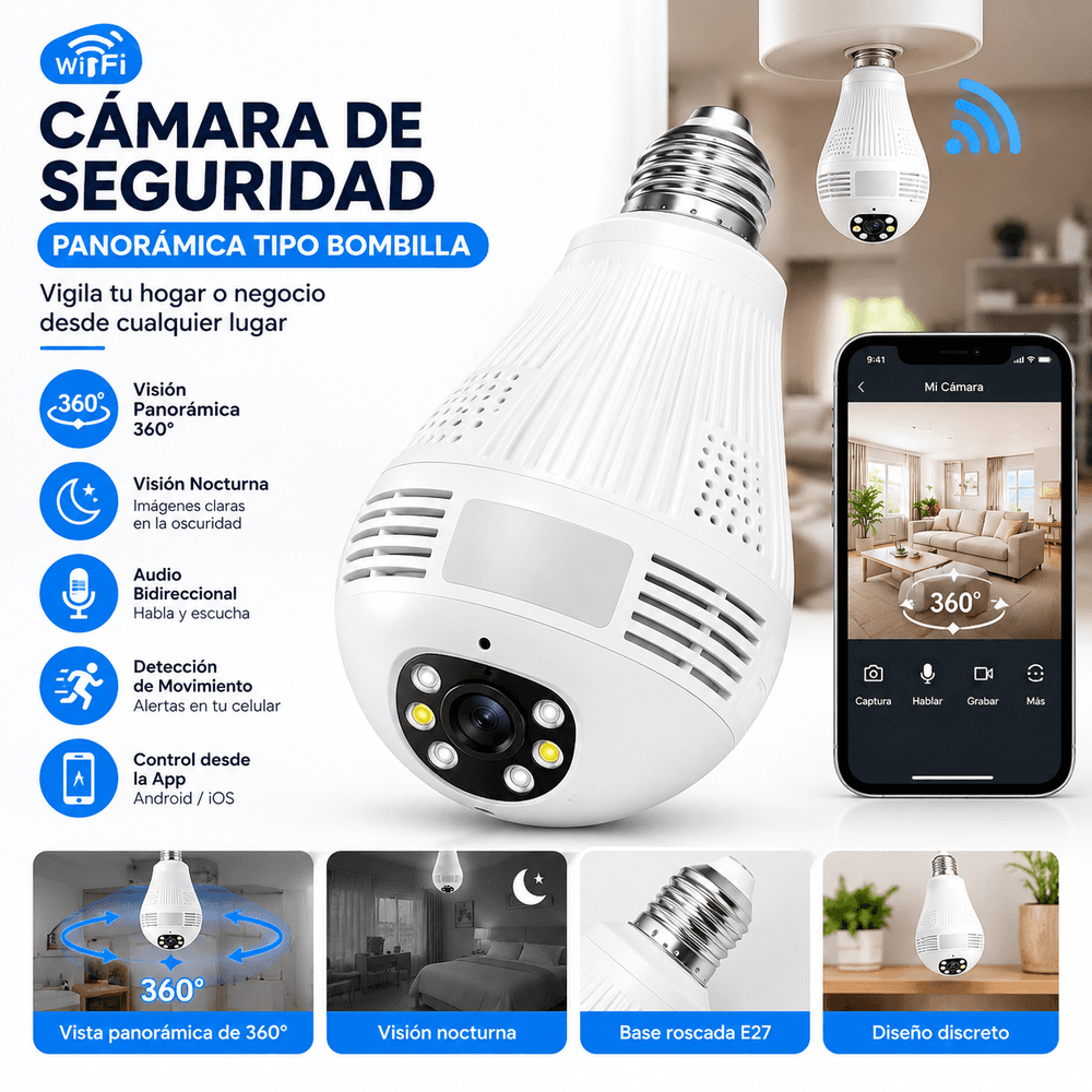 Cámara de Seguridad Panorámica Wi-Fi Tipo Bombilla
