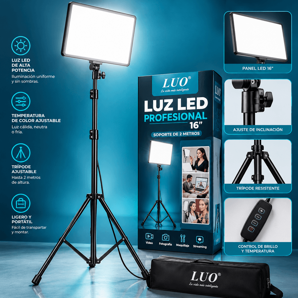 Panel de Luz LED Profesional de 16” con Trípode de 2 Metros